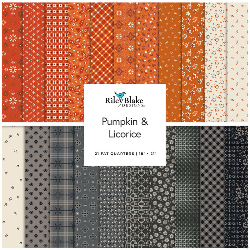 Collage of the Fat Quarter Bundle from the Pumpkin & Licorice fabric collection.