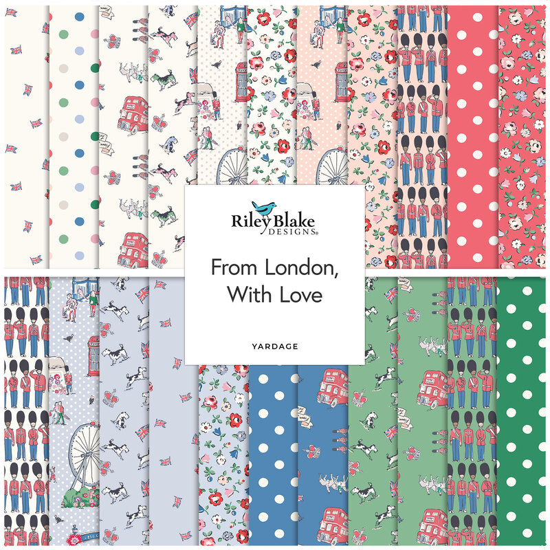 Square fabric collage tagged From London, With Love, featuring novelty London and floral fabrics in hues of green, blue, red, and cream