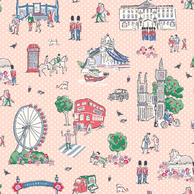 Vintage-styled iconic London sites and themes on a peach polka dot background.