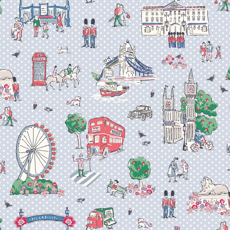 Vintage-styled iconic London sites and themes on a pale blue polka dot background.