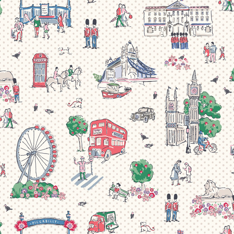 Vintage-styled iconic London sites and themes on a cream polka dot background.
