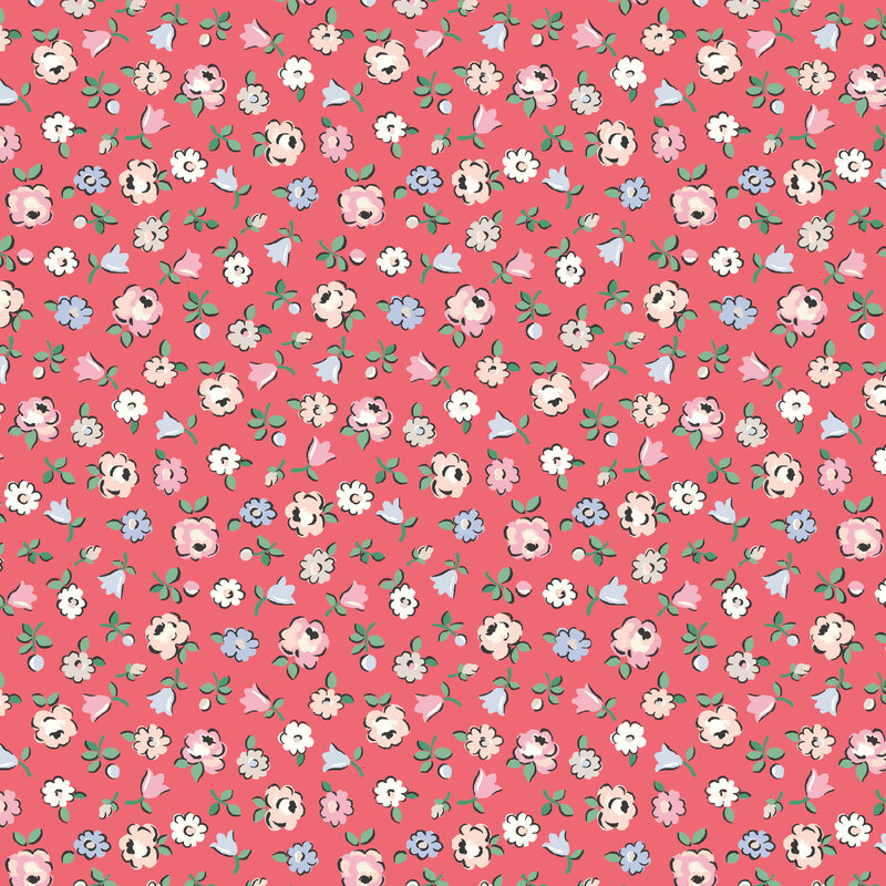 Tossed pink, blue, cream, and white floral sprigs on a watermelon red background.