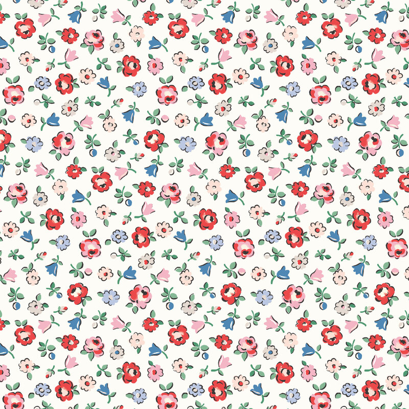 Tossed red, blue, and pink floral sprigs on a soft cream background.