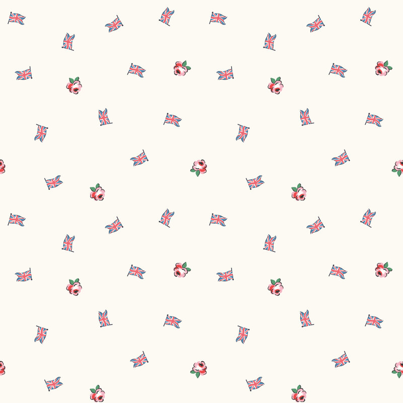 Scattered pattern of Union Jack flags and pink floral blooms on a soft cream background.