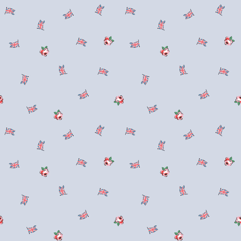 Scattered pattern of Union Jack flags and pink floral blooms on a pale blue background.