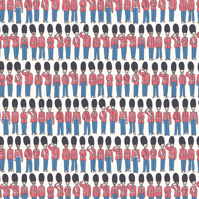 repeating rows of illustrated Royal Guardsmen on a soft ivory background.