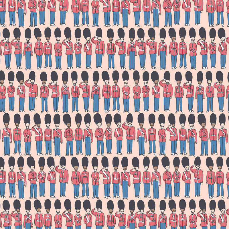 repeating rows of illustrated Royal Guardsmen on a soft peach background.