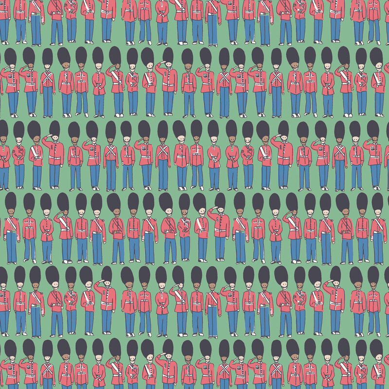 repeating rows of illustrated Royal Guardsmen on a jade green background.