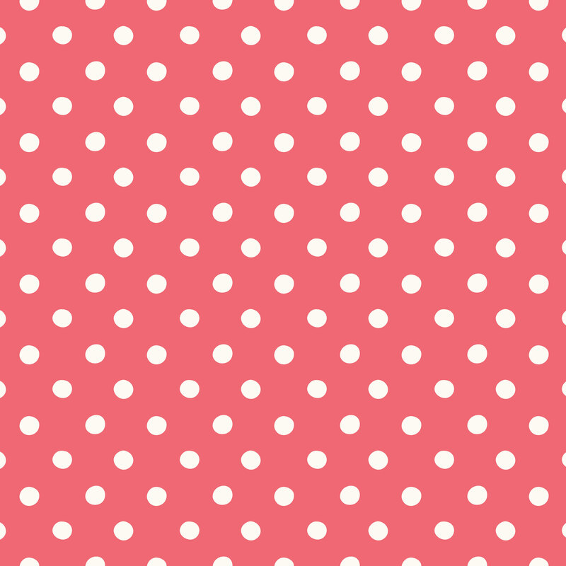 white polka dot print on a watermelon red background.