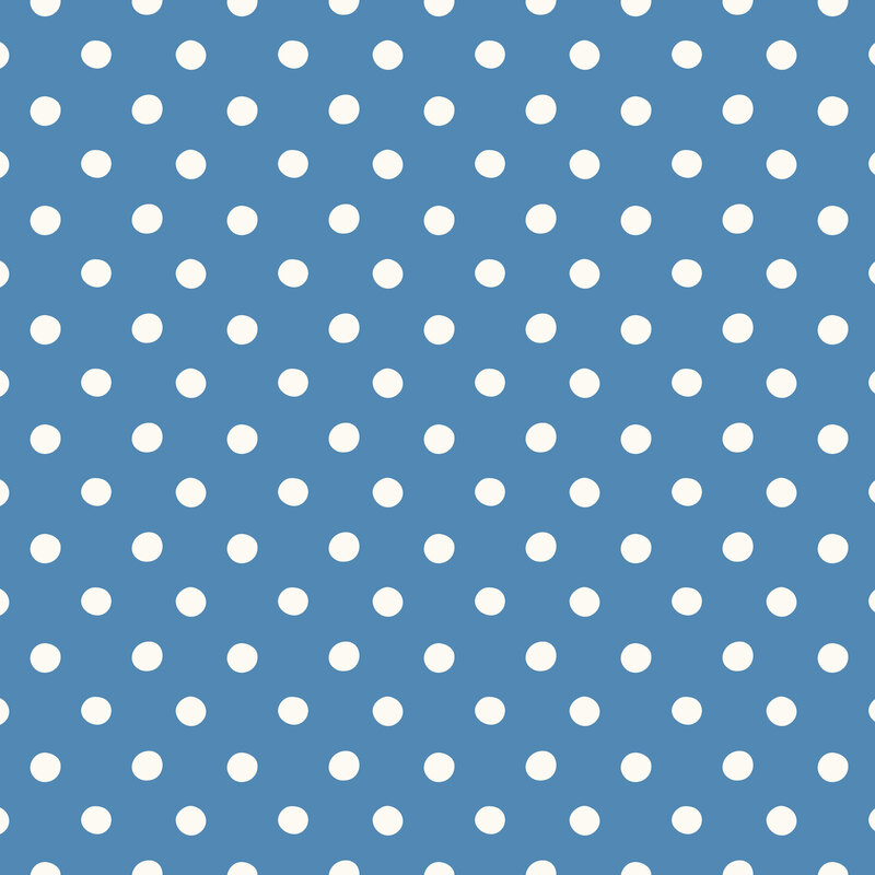 white polka dot print on a blue background.