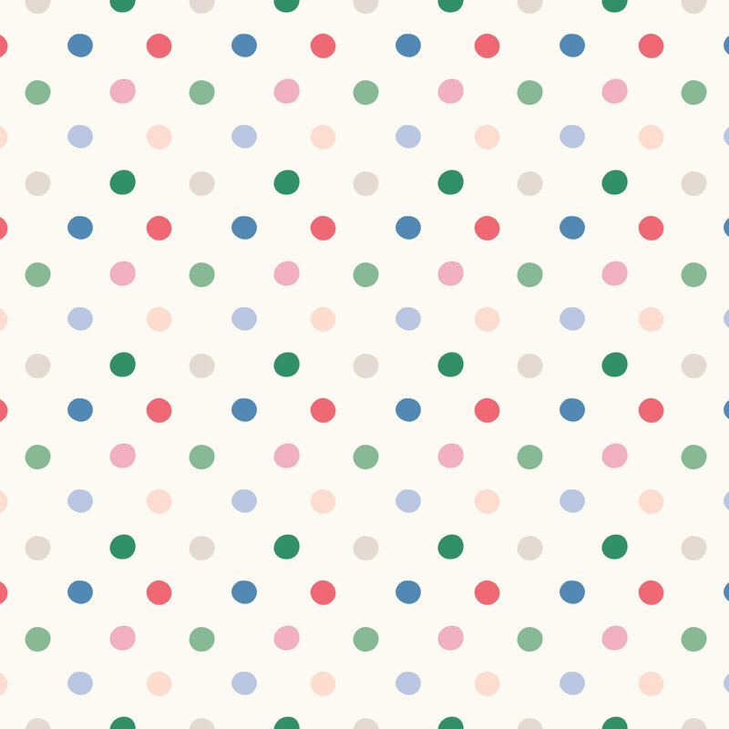 multicolored polka dot print on a cream background.