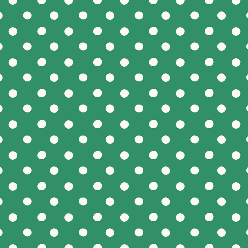 white polka dot print on a emerald green background.