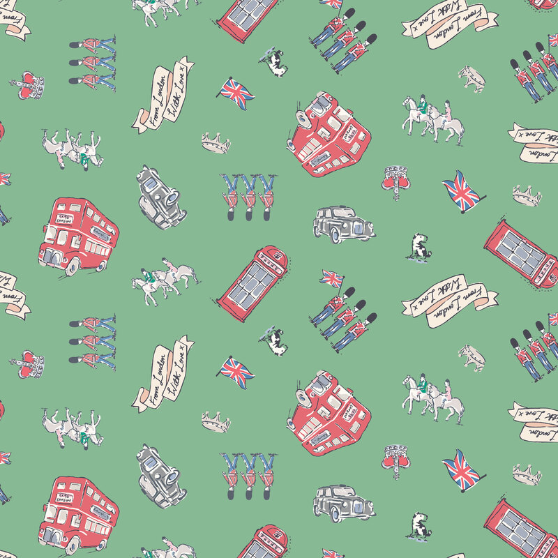 British flags, crowns, dogs, double decker buses, black cabs, and the royal guard on a jade green background.