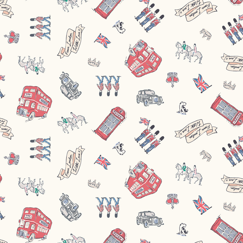 British flags, crowns, dogs, double decker buses, black cabs, and the royal guard on a soft cream background.