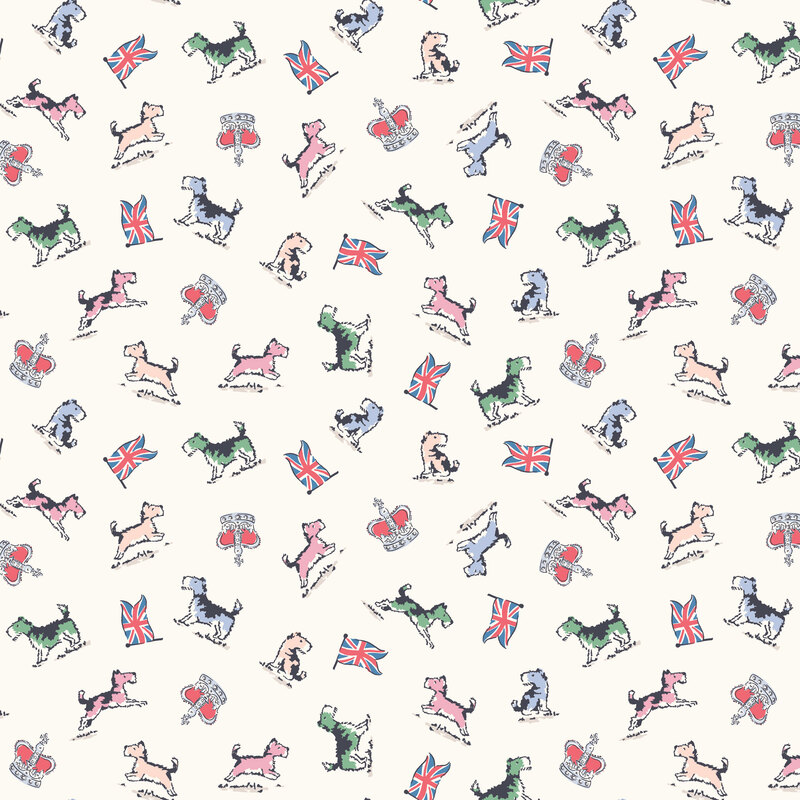 Soft cream fabric with a tossed pattern of British flags, dogs, and crowns.