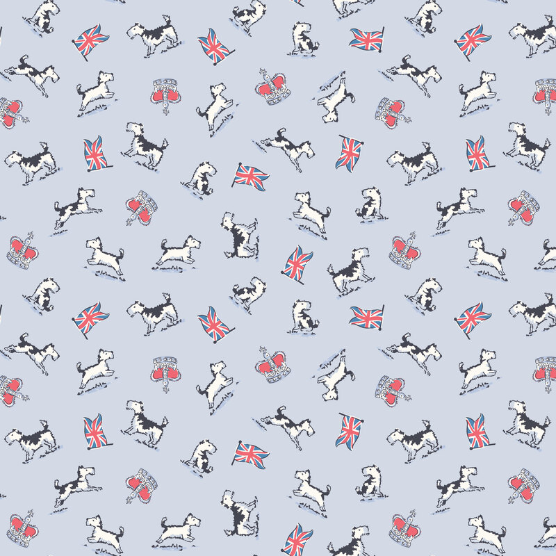 Pale blue fabric with a tossed pattern of British flags, dogs, and crowns.