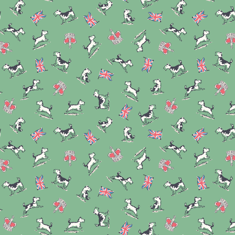 Jade green fabric with a tossed pattern of British flags, dogs, and crowns.