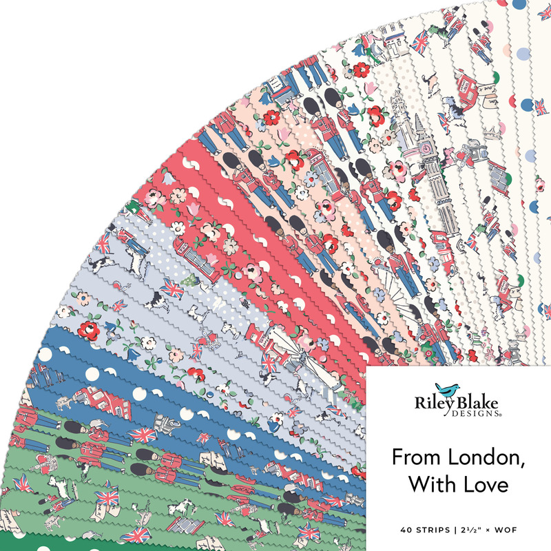 Fanned fabric collage tagged From London, With Love, featuring novelty London and floral fabrics in hues of green, blue, red, and cream