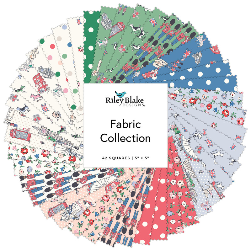 Circular fabric collage tagged From London, With Love, featuring novelty London and floral fabrics in hues of green, blue, red, and cream