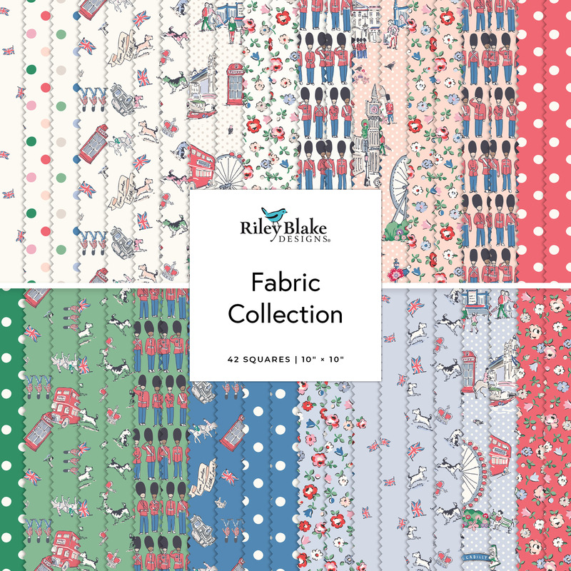 Square fabric collage tagged From London, With Love, featuring novelty London and floral fabrics in hues of green, blue, red, and cream
