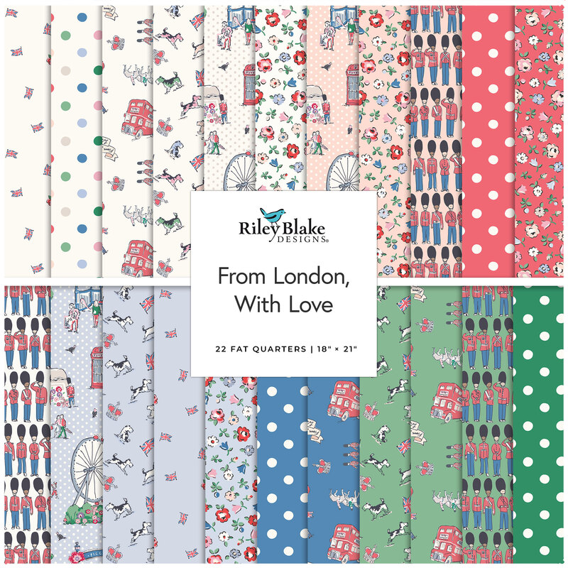 Square fabric collage tagged From London, With Love, featuring novelty London and floral fabrics in hues of green, blue, red, and cream