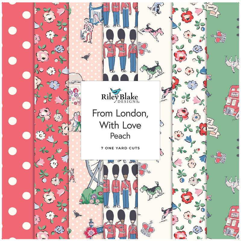 Red, cream, and green novelty fabrics from the From London, With Love collection, labeled as the Peach 7 one yard cuts