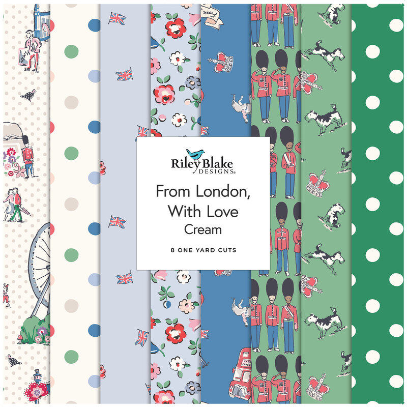 Cream, blue, and green novelty fabrics from the From London, With Love collection, labeled as the Cream 8 one yard cuts