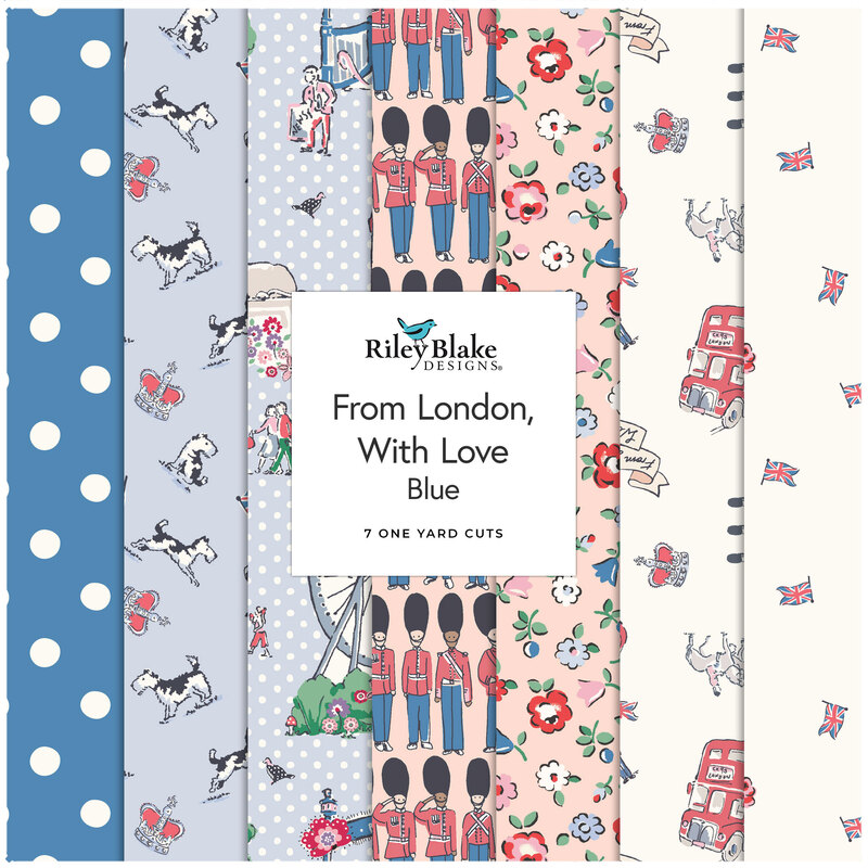 Blue, peach, and cream novelty fabrics from the From London, With Love collection, labeled as the Blue 7 one yard cuts
