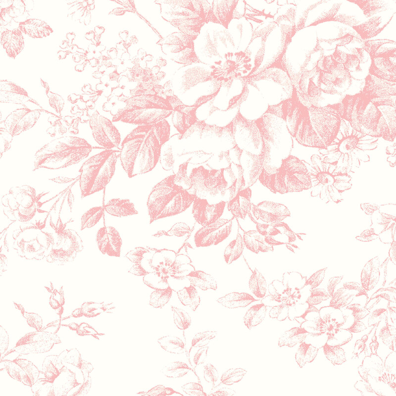 Cream fabric with large pink florals strung across the top.