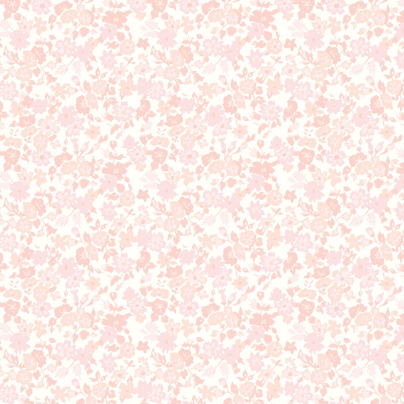 Cream fabric with a calico pattern of powder pink florals packed over the top.
