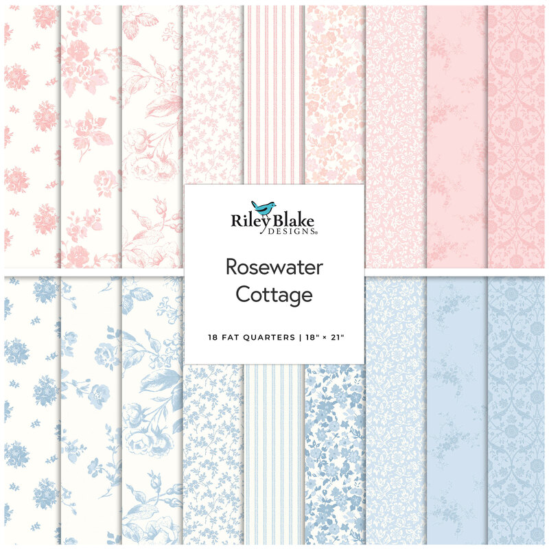 Fat Quarter collage of the Rosewater Cottage fabric collection.