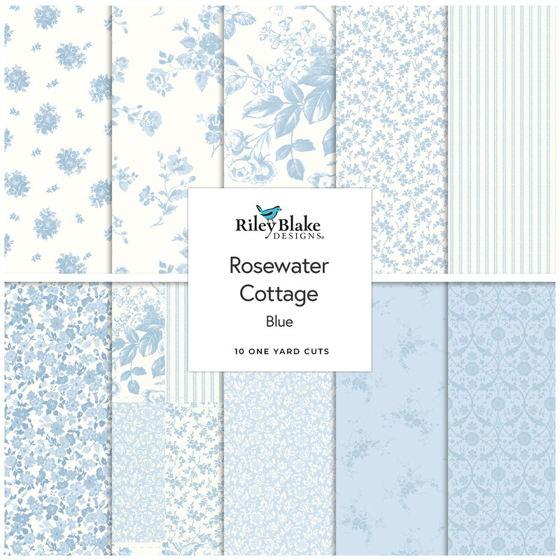 Blue One Yard Bundle collage from the Rosewater Cottage fabric collection.