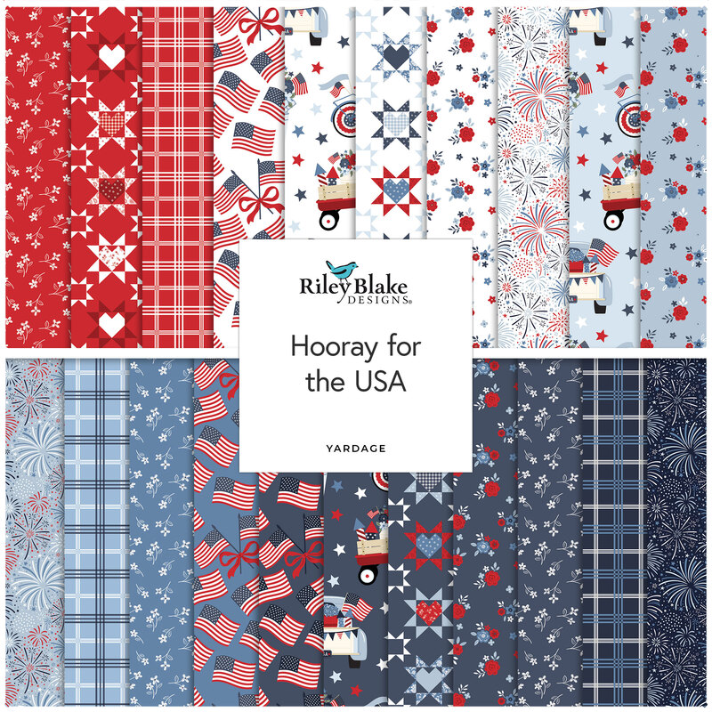 Collage of the available yardage fabrics from the Hooray for the USA fabric collection.