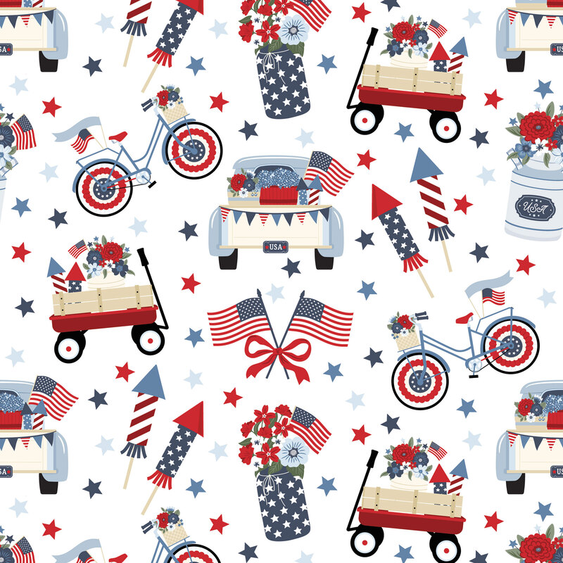 White fabric with stars, American flags, wagons, and other traditional American motifs.