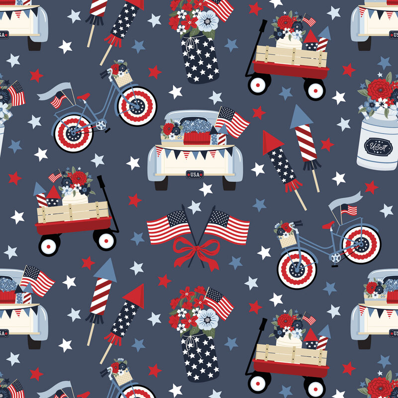 Denim blue fabric with stars, American flags, wagons, and other traditional American motifs.