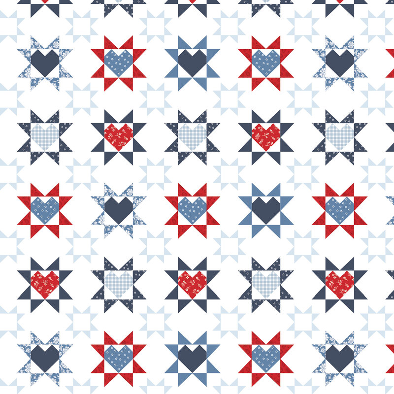 White fabric with grid of red, white, and blue patches of hearts.