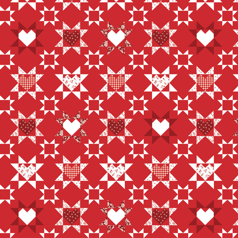 Red fabric with grid of red and white patches of hearts.