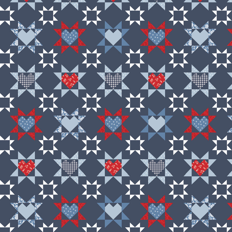 Denim blue fabric with grid of red, white, and blue patches of hearts.