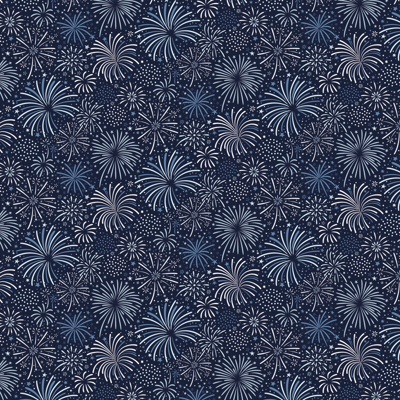 Navy fabric packed with white and blue firework explosions.