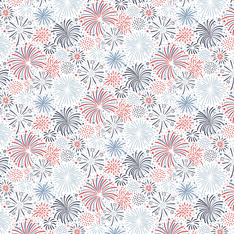 White fabric packed with red and blue firework explosions.