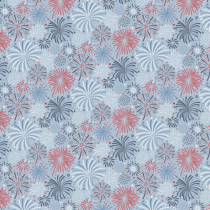 Light blue fabric packed with red and blue firework explosions.