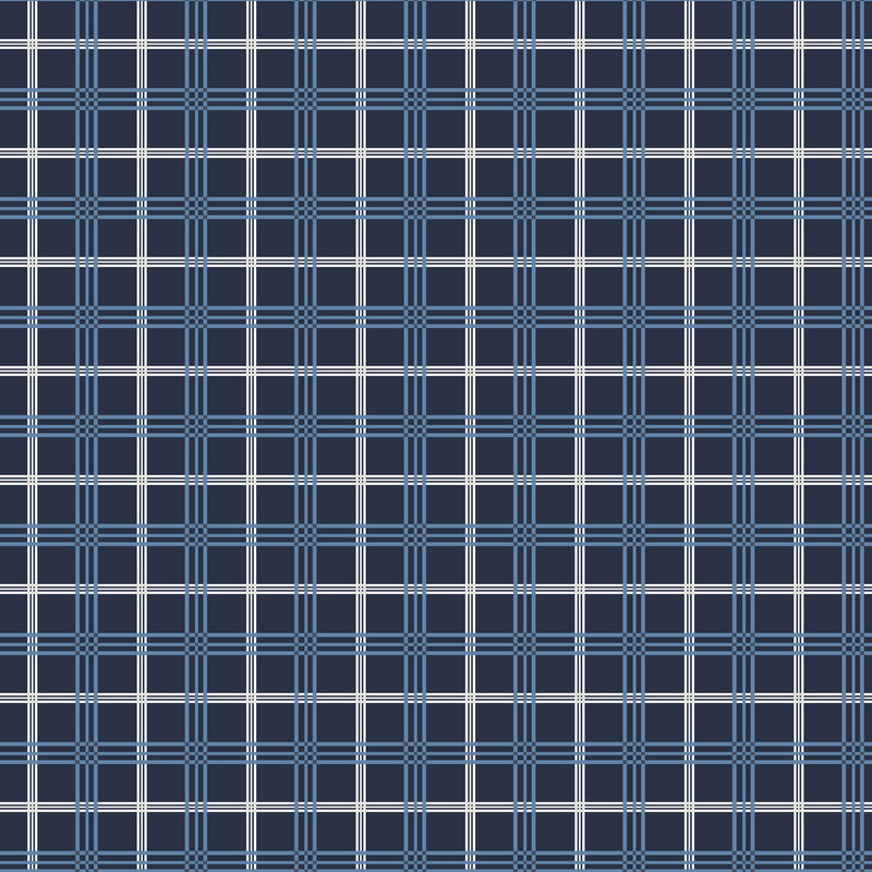 Navy blue fabric with blue and white plaid design.