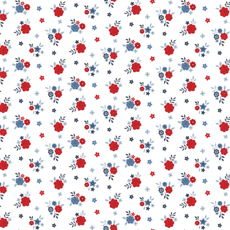 White fabric with ditsy red and blue floral print.
