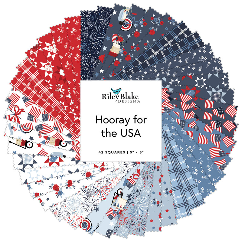 Collage of the 5" Square Bundle from the Hooray for the USA fabric collection.