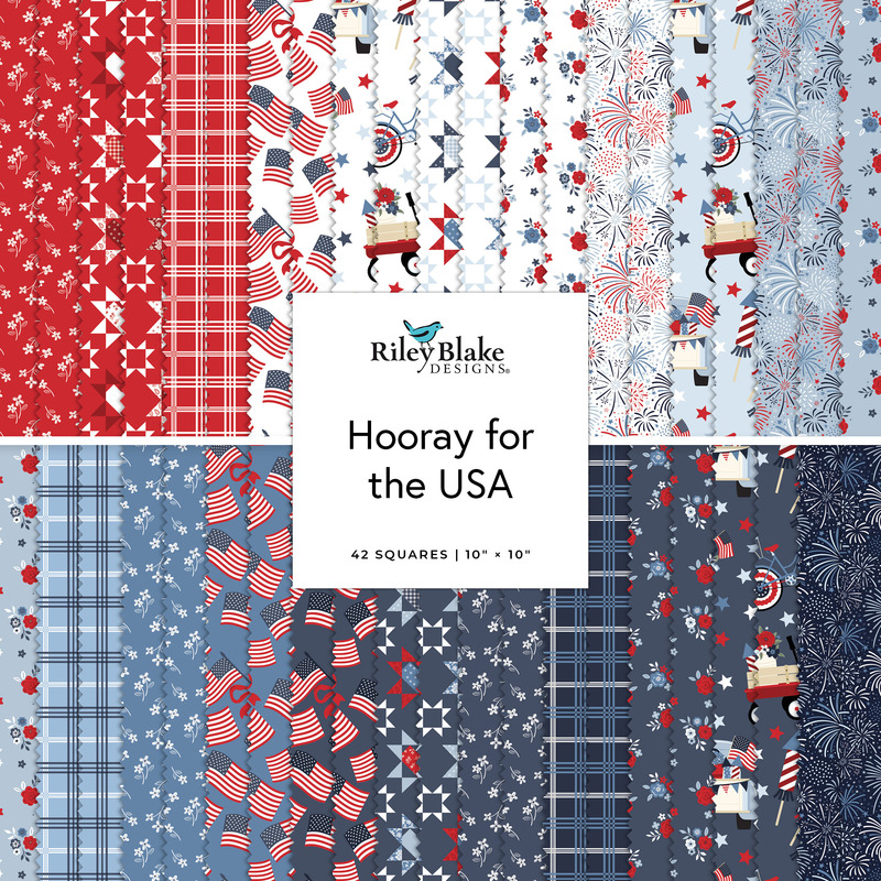 Collage of the 10" Square Bundle from the Hooray for the USA fabric collection.