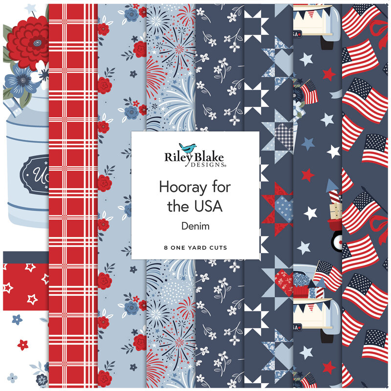 Collage of the denim color One Yard Bundle from the Hooray for the USA fabric collection.