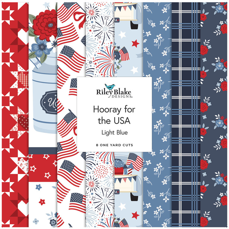 Collage of the light blue One Yard Bundle from the Hooray for the USA fabric collection.
