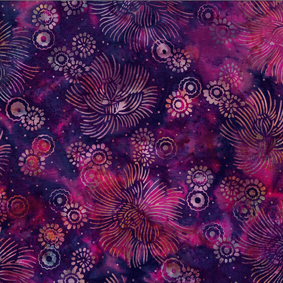 Royal purple and bright magenta batik with blooming flower motifs across the top.