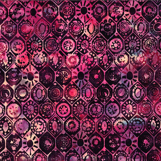 Geometric pink honeycomb pattern batik with blooming flower and sun motifs.
