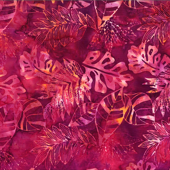 Hot pink batik with a medley of varying shades in leaf motifs.
